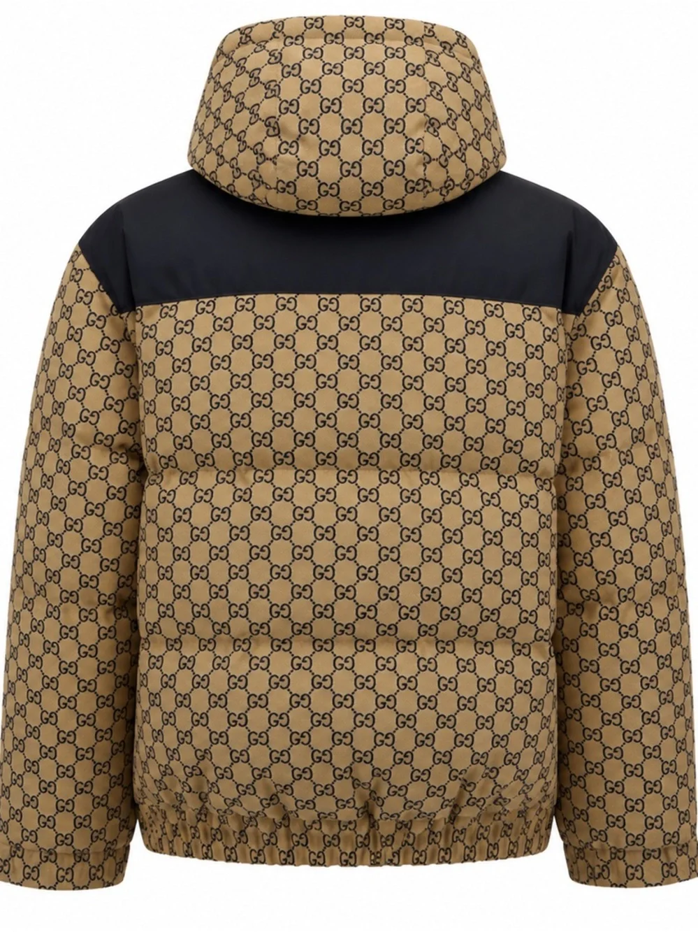 Gucci Brown GG Monogram Hooded Puffer Jacket with Black Yoke